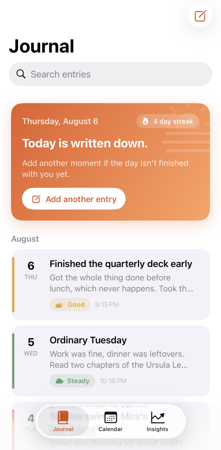 Journal: a generated journaling app with a streak banner, entry list, and mood tags