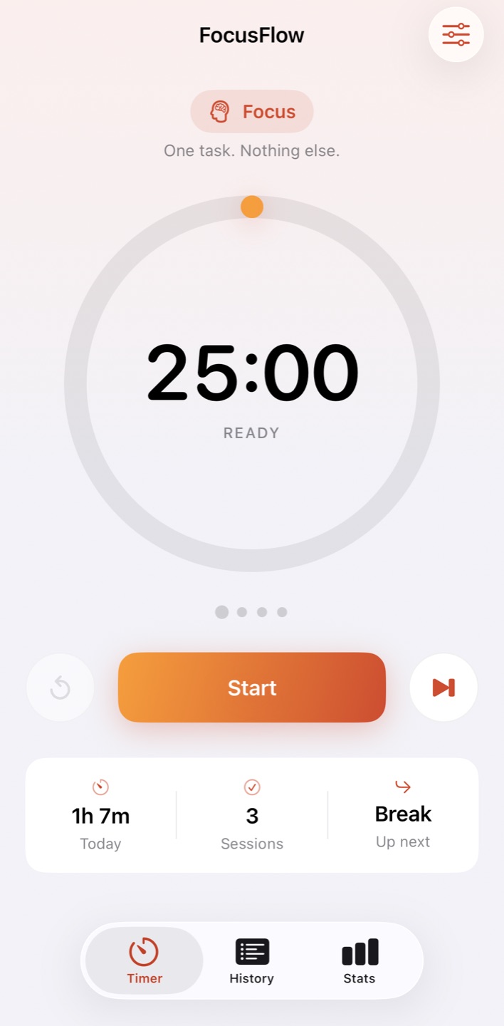FocusFlow: a generated focus timer with a 25-minute ring, session stats, and tab bar