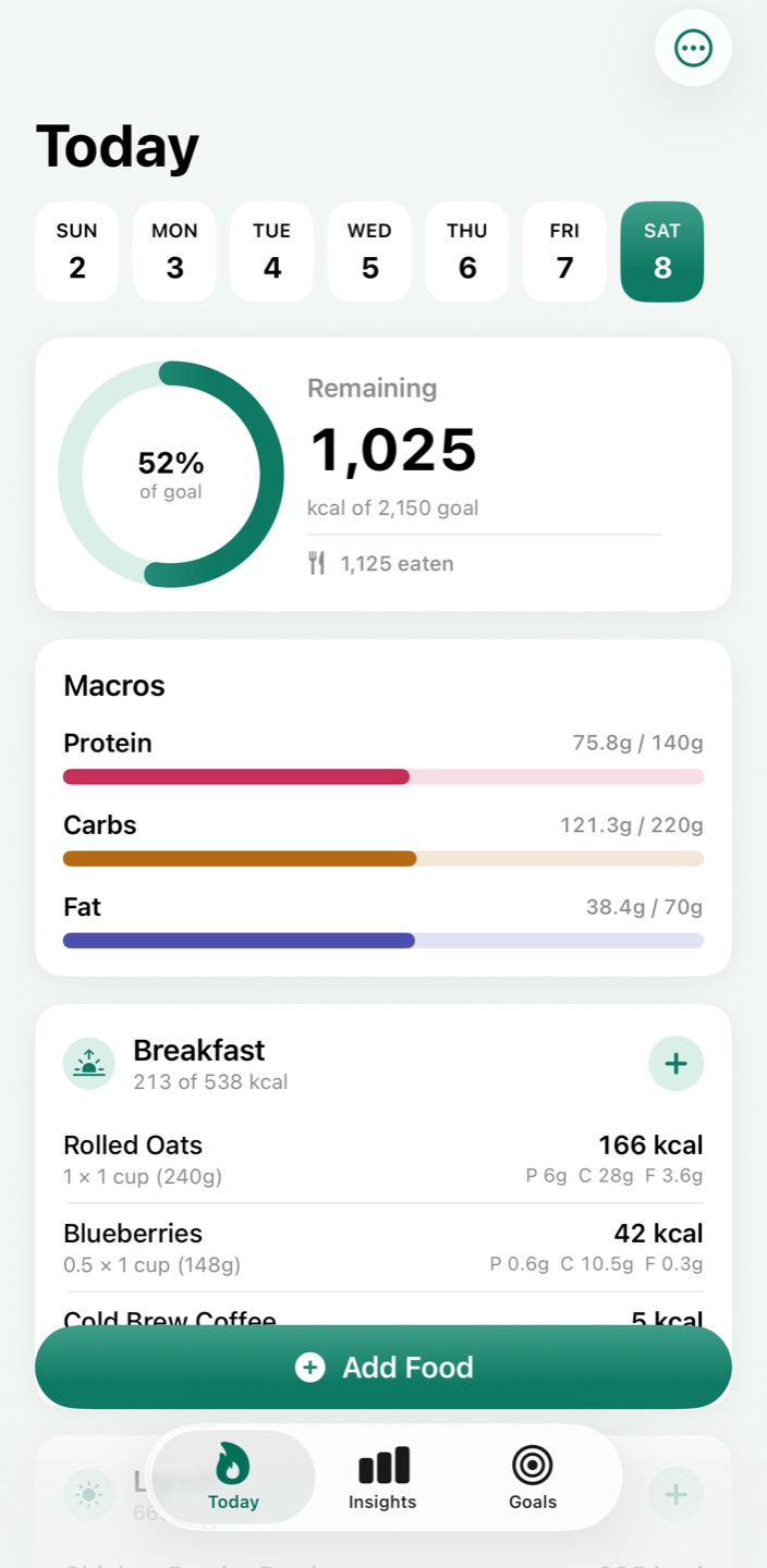 Kcal, a calorie tracker Appwright built from one sentence, running in the iOS Simulator