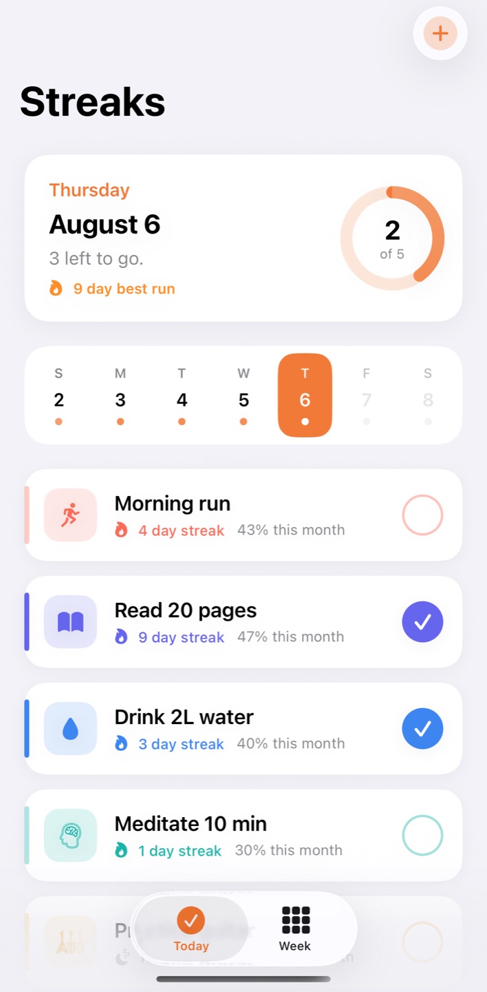 Streaks: a generated habit-tracking app with a progress ring, week strip, and habit list